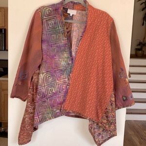 Vintage Boho Patchwork Mixed Media Print Asymmetric Shark Bit Hem  Kimono
